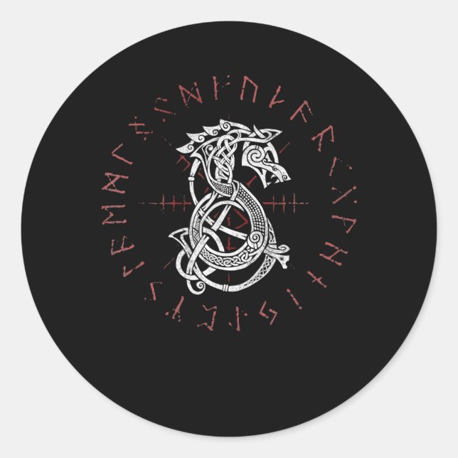 Fenrir Wolf Of Odin Celtic Norse Runes Distressed Runder Aufkleber (Vorderseite)