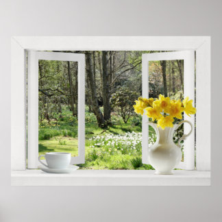 Fenster auf Waldlandschaft öffnen mit Daffodien Poster