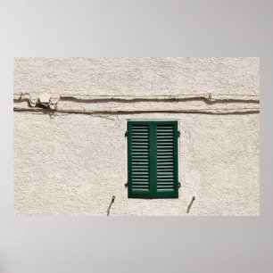FENSTER AUS BLAUEM HOLZ AUF DER WEISSEN KONKRETEN  POSTER