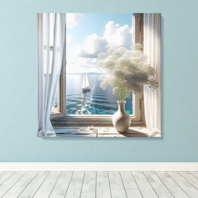 Fenster mit Blick auf den Segelschiff Leinwanddruck (Insitu (Holzboden))