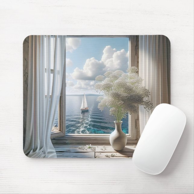 Fenster mit Blick auf den Segelschiff Mousepad (Mit Mouse)