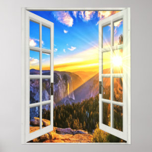 Fenster "Mountain Sunrise View Trompe l'oeil Imita Poster