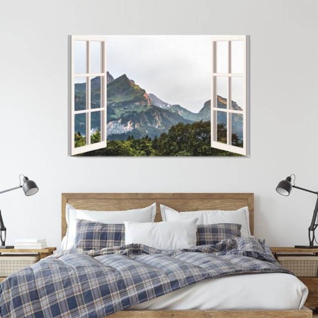 Fenster "Mountain View Fake" Zuhause Leinwanddruck (Insitu (Schlafzimmer))