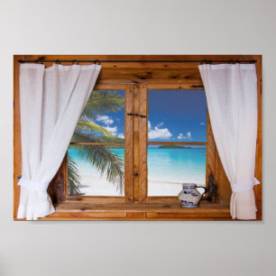 Fenster Ozean Strand Tropisch Falsche Ansicht Poster