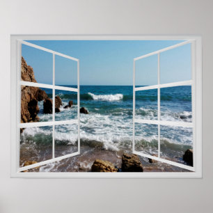 Fenster-Rahmen mit felsiger Ozean-Küste und Wellen Poster