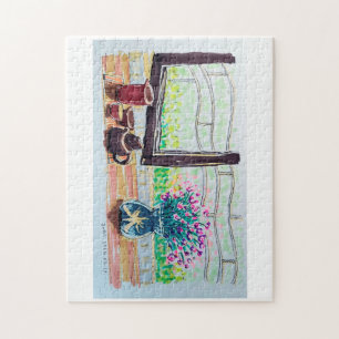 Fenster Tee und Blumen