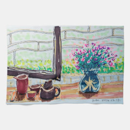 Fenster Tee und Blumen Geschirrtuch