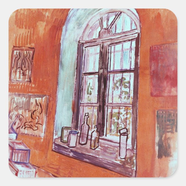 Fenster von Vincent van Gogh's Studio am Asyl Quadratischer Aufkleber (Vorderseite)