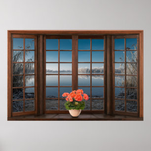 Fenstertäuschung mit Blume auf der See Poster
