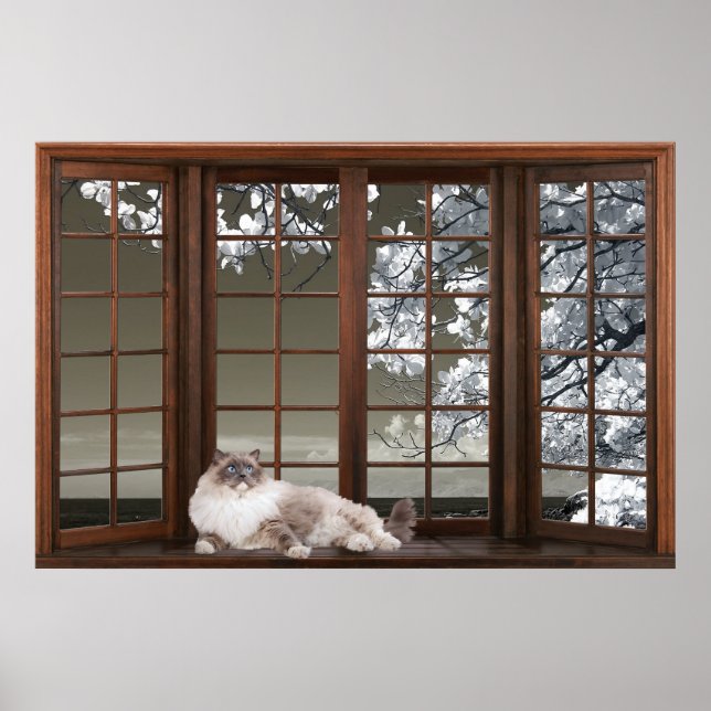 Fenstertäuschung mit Katze auf dem Sill Poster (Vorne)