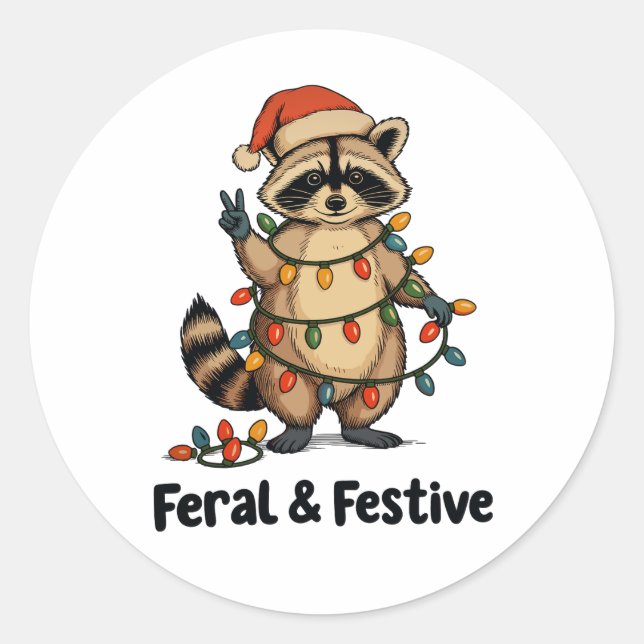 Feral And Festive Raccoon Christmas Xmas Lights Runder Aufkleber (Vorderseite)