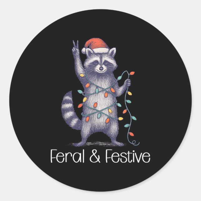 Feral And Festive Raccoon, Funny Christmas  Runder Aufkleber (Vorderseite)