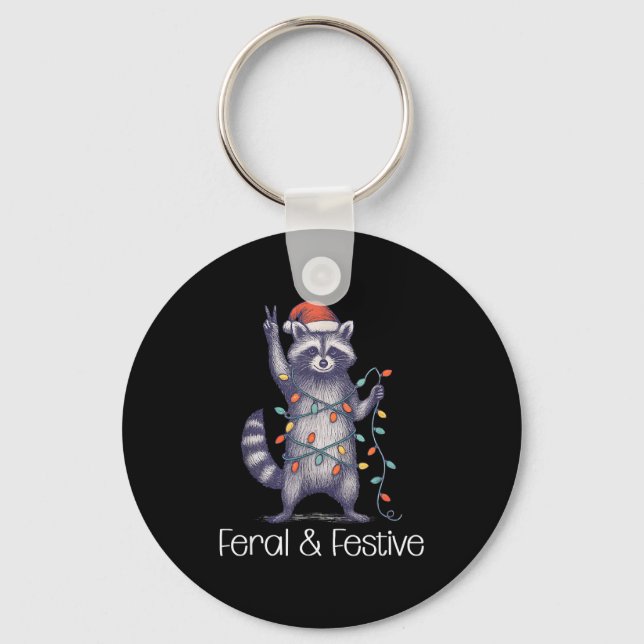 Feral And Festive Raccoon, Funny Christmas  Schlüsselanhänger (Vorderseite)