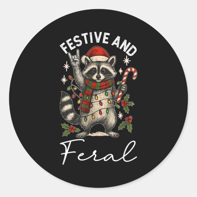 Feral And Festive Raccoon Santa Hat Christmas Ligh Runder Aufkleber (Vorderseite)