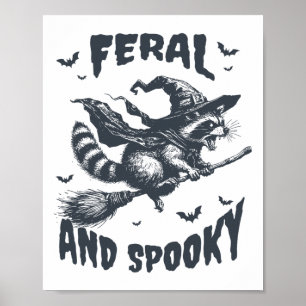 Feral und Spooky Raccoon Hexenhut Halloween Funny Poster