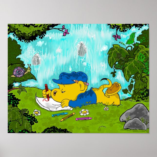 Ferald Zeichnend am Wasserfall Poster (Vorne)