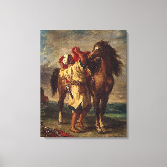 Ferdinand Delacroix Arab. Saddling sein Pferd Leinwanddruck (Vorderseite)
