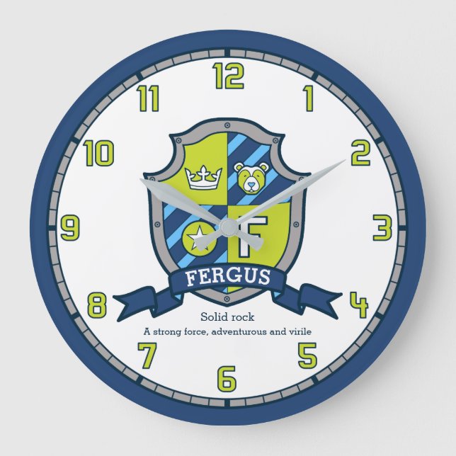Fergus-Jungen nennen Buchstaben "grün blauer Bär" Große Wanduhr (Vorderseite)