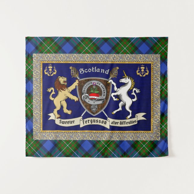 Fergusson Clan Abzeichen & Tartan w/Motto Wandteppich (Vorderseite (Horizontal))