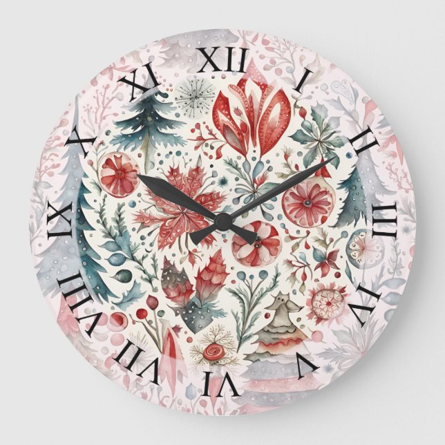 Ferien Bäume, Winter Urlaub whimsical Design. Große Wanduhr (Vorderseite)
