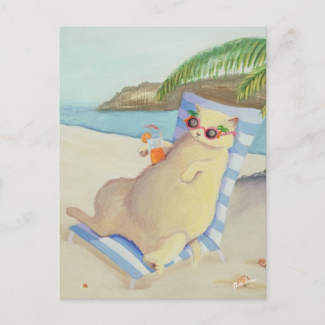 Ferien Beach Cat unter Palmen Postkarte (Vorderseite)
