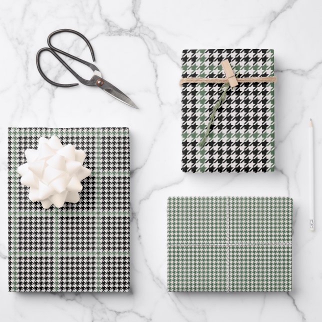 Ferien Hahnentrittmuster Schwarz-Grün Urlaub Geschenkpapier Set (Vorderseite)