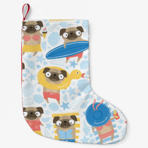 Ferien Mops, Sommerstrand nahtlos. Kleiner Weihnachtsstrumpf