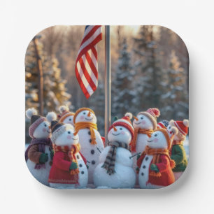 Ferien Schneemänner schauen auf die USA-Flagge Pappteller