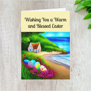 Ferienhaus am Meer mit Ostereiern Freude und Fried Karte