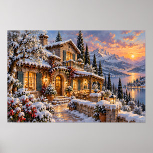 Ferienhaus am schneebedeckten Bergsee bei goldenem Poster