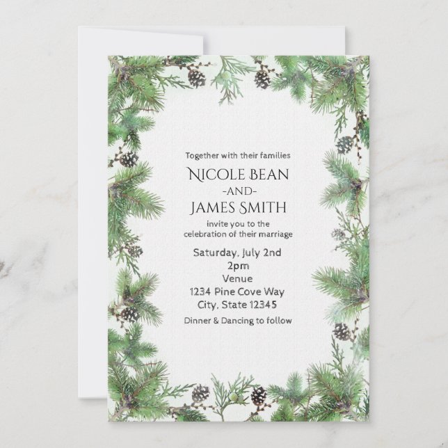Ferienhaus Green & Pine Cones Country Winter Weddi Einladung (Vorderseite)