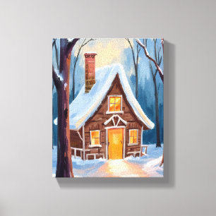 Ferienhaus im schneebedeckten Winterwald Weihnacht Leinwanddruck