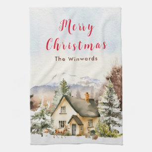 Ferienhaus im Winter Frohe Weihnachten Geschirrtuch
