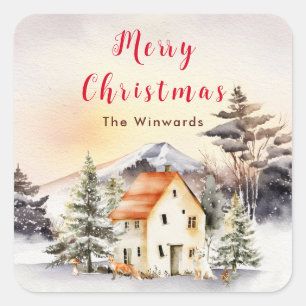 Ferienhaus im Winter Frohe Weihnachten Quadratischer Aufkleber