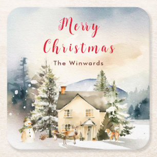 Ferienhaus im Winter Frohe Weihnachten Rechteckiger Pappuntersetzer