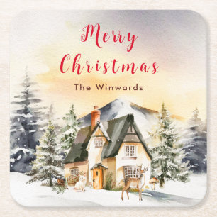 Ferienhaus im Winter Frohe Weihnachten Rechteckiger Pappuntersetzer
