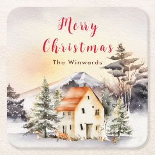 Ferienhaus im Winter Frohe Weihnachten Rechteckiger Pappuntersetzer