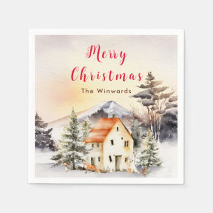 Ferienhaus im Winter Frohe Weihnachten Serviette