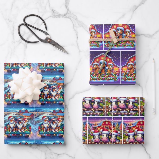 Ferienhaus Kuh Hunde Pferde und Kühe Weihnachten Geschenkpapier Set (Vorderseite)