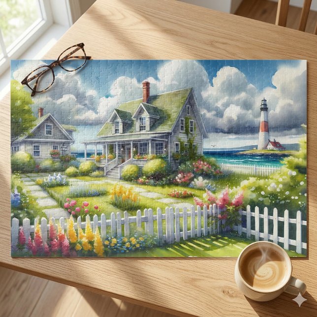 Ferienhaus mit Blick auf den Leuchtturm (Cottage With View Of The Lighthouse Jigsaw Puzzle On Wood Table)