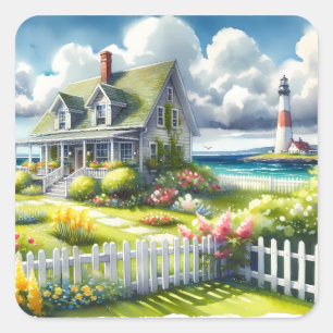 Ferienhaus mit Blick auf den Leuchtturm Quadratischer Aufkleber