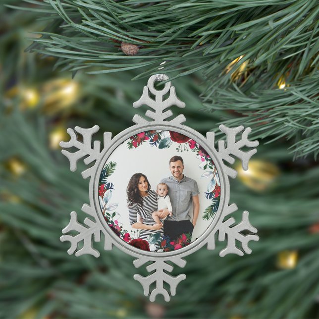 Ferienhaus Weihnachtskranz Personalisiertes Foto Schneeflocken Zinn-Ornament (Von Creator hochgeladen)