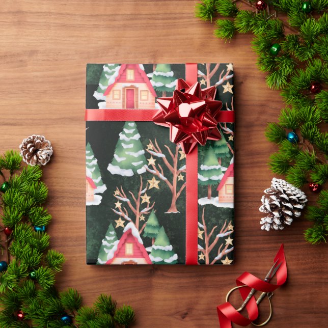 Ferienhäuser Vintage Landhäuser Bäume Weihnachten Geschenkpapier (Feiertagsgeschenk)