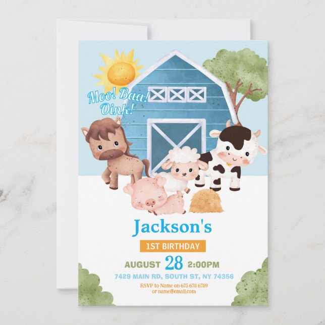 Ferme Anniversaire 1er Invitation Blue Boys One An (Devant)