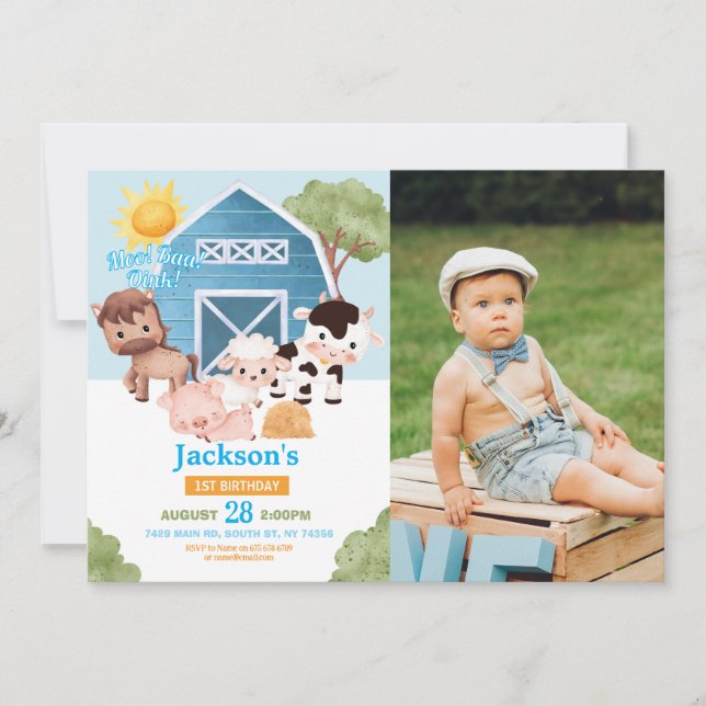 Ferme Anniversaire 1er Invitation Blue Boys One Ph (Devant)