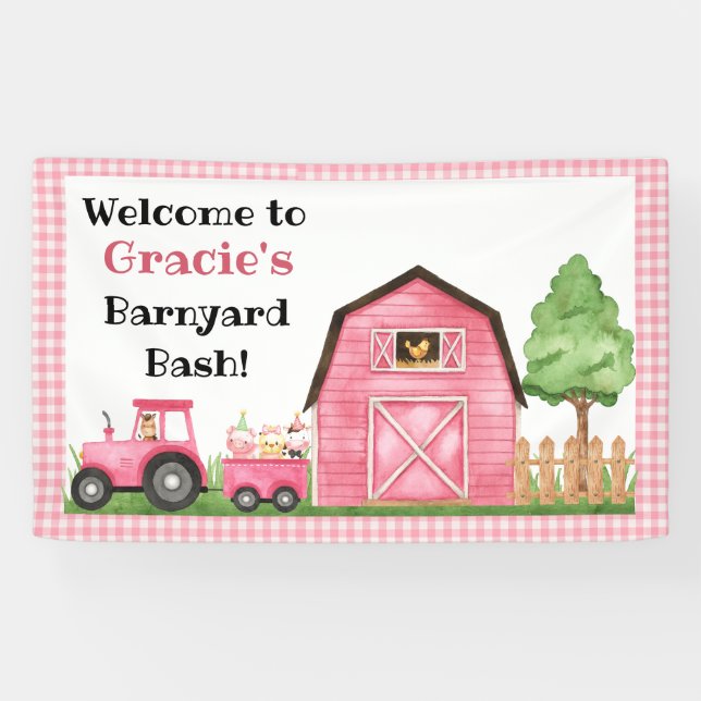 Ferme / Bannière d'anniversaire rose Barnyard (Horizontal)