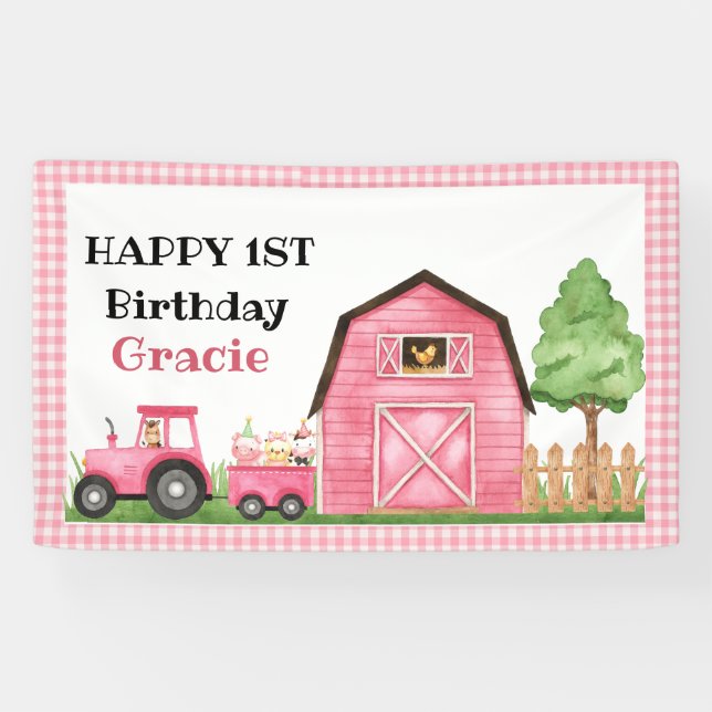 Ferme / Bannière d'anniversaire rose Barnyard (Horizontal)