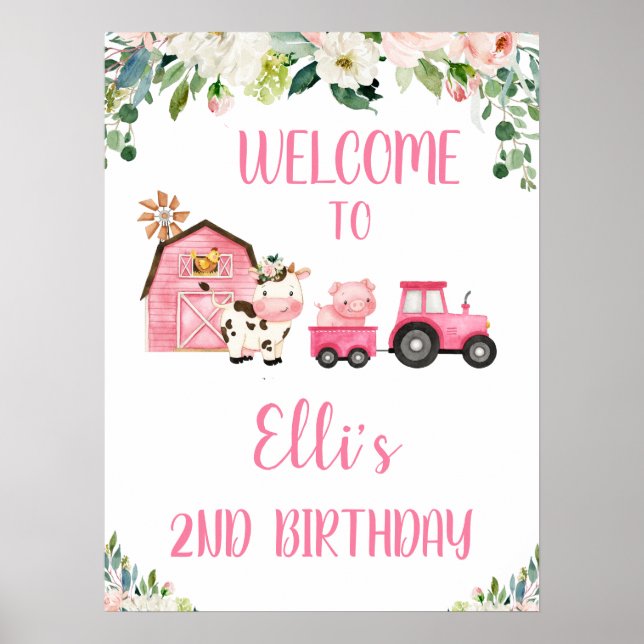 Ferme Florale Rose Et Tracteur Affiche de bienvenu (Devant)