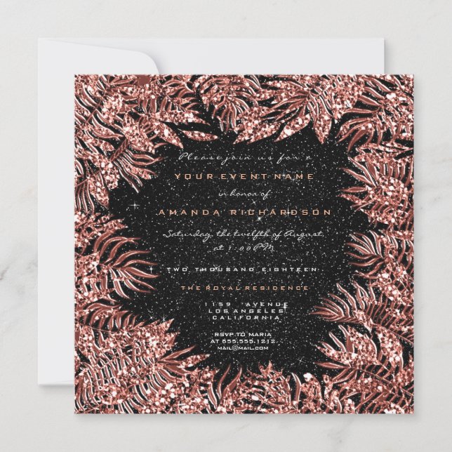 Fern-Blätter Rahmen Rose Gold Kupfer Schwarz Glitz Einladung (Vorderseite)