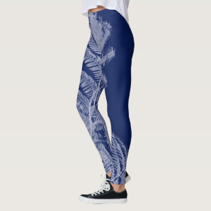 Fern Blätter Texture Sketch White Blue Leggings